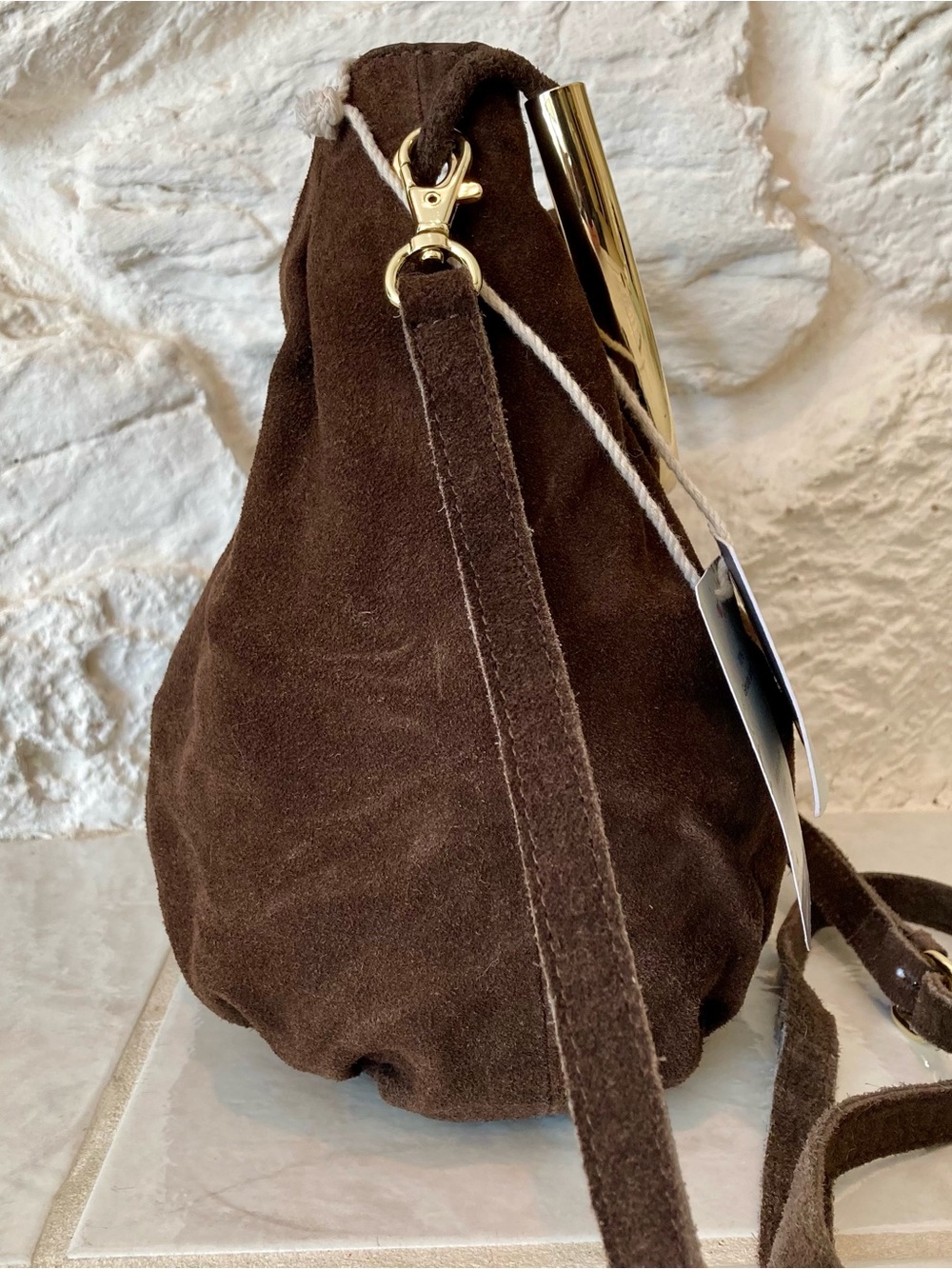NWT Haute Hippie Brown Suede Hobo Bag/Crossbody with Gold Arched Handle - Picture 3 of 16